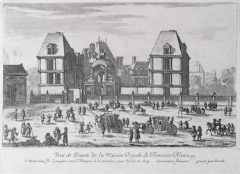 Entrée du Palais Royal de Fontainebleau, gravée par Nicolas (1631-c.93) ou Adam (1638-95) Perelle, pub. par Nicholas Langlois